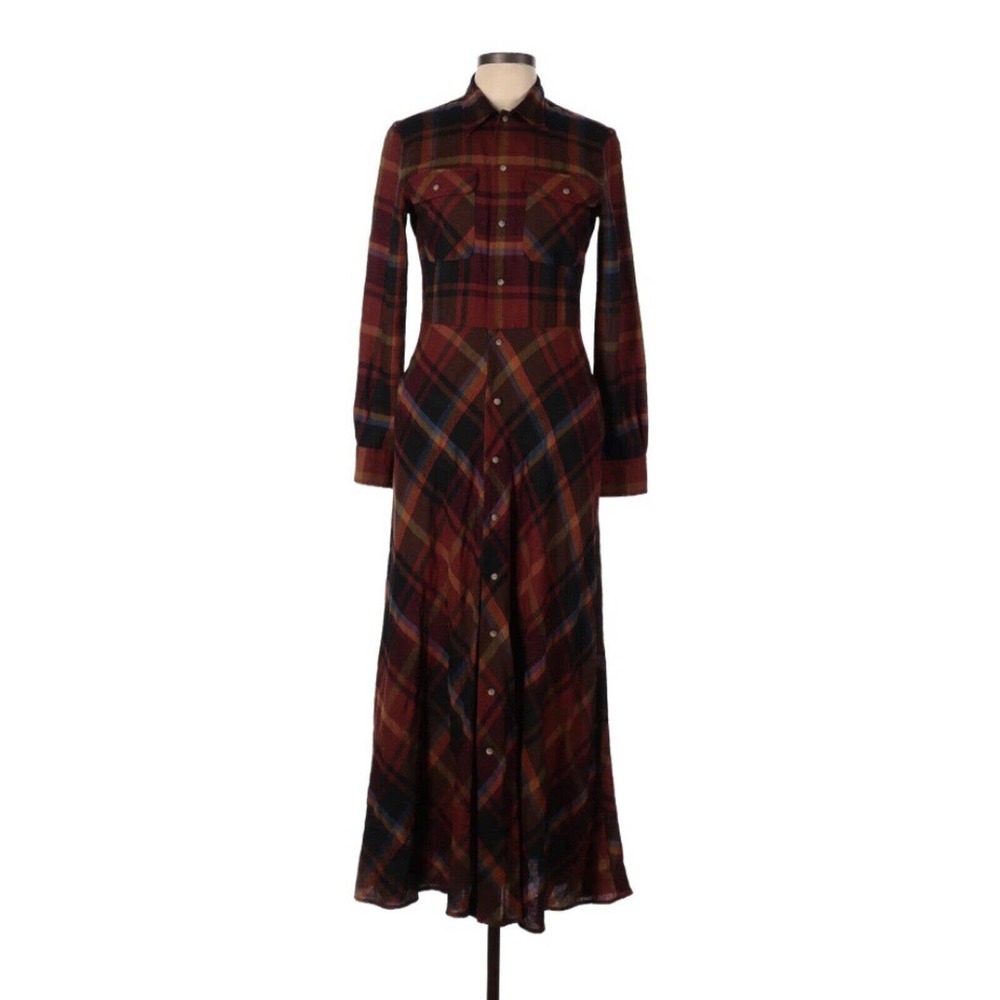 Ralph Lauren Burgundy, Navy & Mustard Plaid Maxi Shirt Dress - Picture 2 of 7